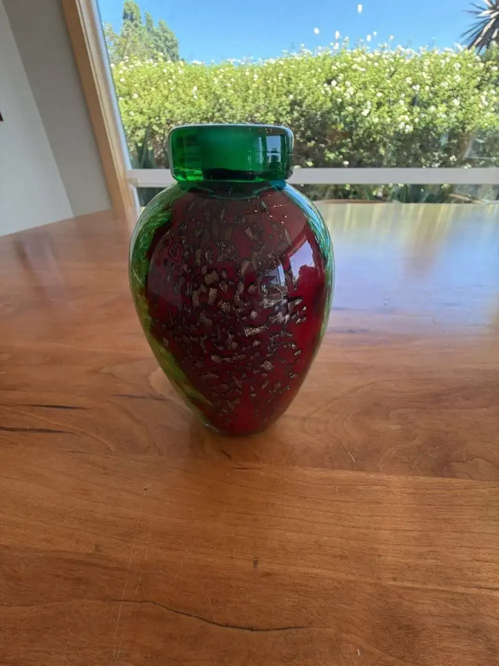 Franco Moretti Murano Art Glass Vase Green Red Blue with Gold Sparkles